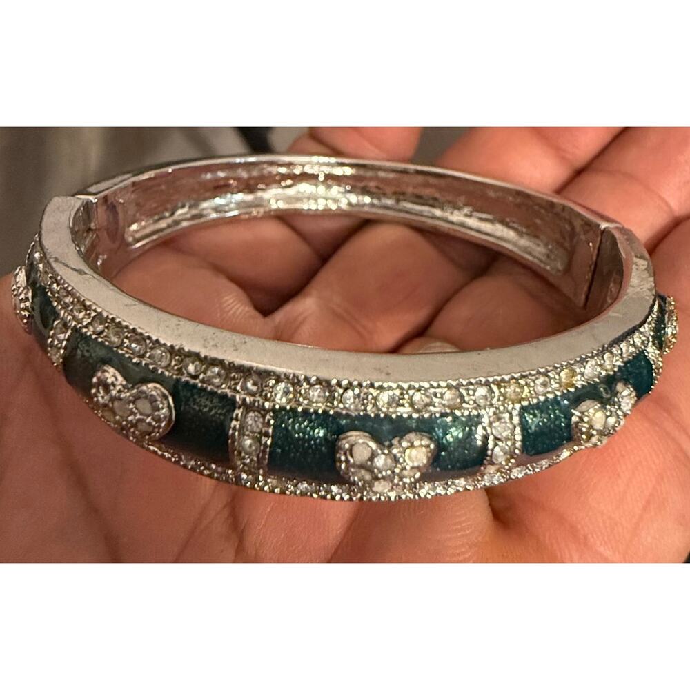 Vintage Hinged Green Enamel Rhinestone Bangle Bracelet Size 7